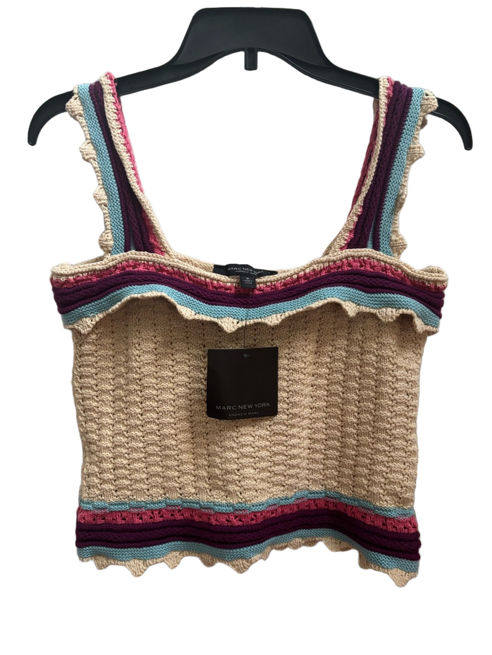 Marc New York Beige Crochet Tank Top with Multicolor Trim, Size M, NWT